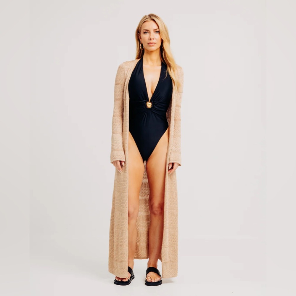 Ronny Kobo Black One-Piece Halter Swimsuit with Gold Shell Detail